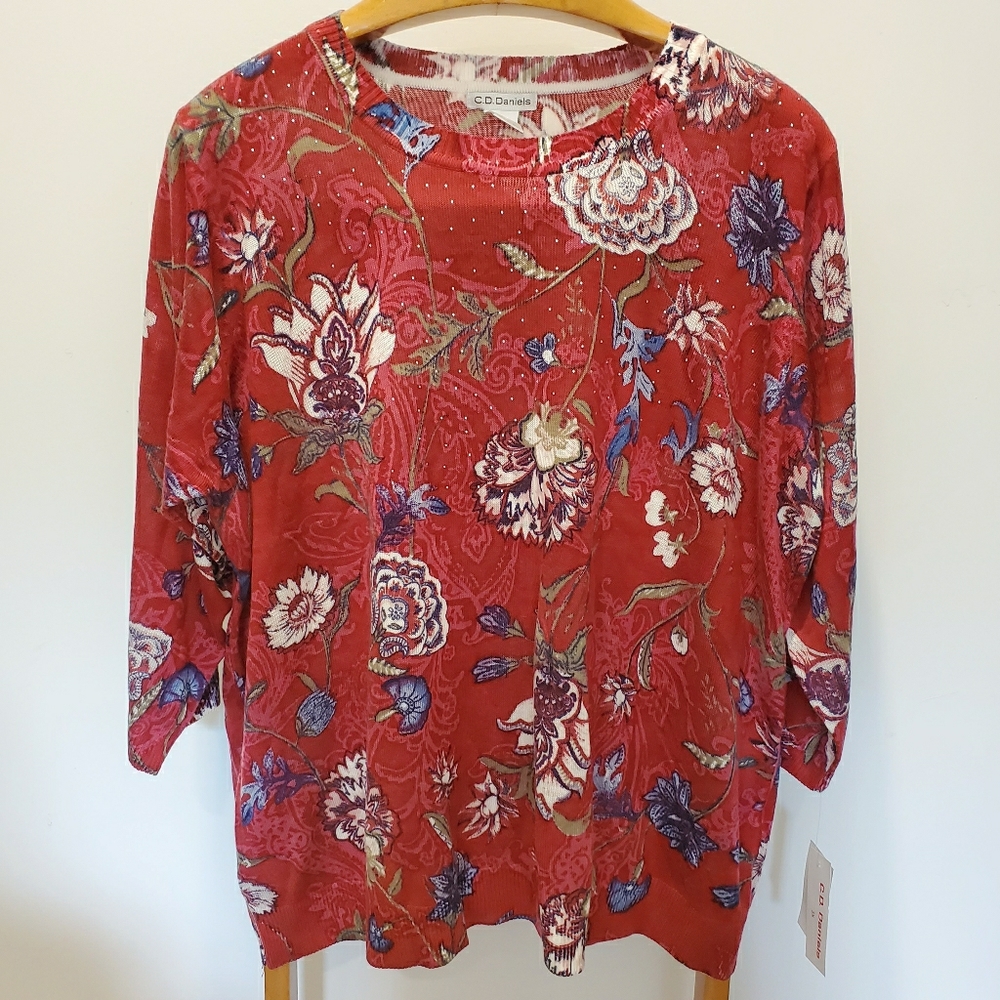 C.D.Daniels Floral Studded Light Red Sweater 3X